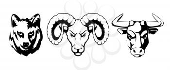 Sport emblems set with different animals. Wolf, ram and bulls. Vector illustrations for labels animal wolf and bull with ram monochrome