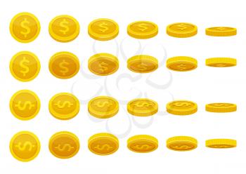 Different positions of golden coins. Vector illustrations in cartoon style. Business success and currency golden coin