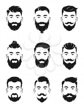 Monochrome avatar systems of hipsters portraits and face elements. Man mustache, beard. Hipster head character man black white. Vector illustration