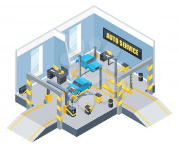 Interior of auto service with different tools and cars. Vector isometric illustration. Auto service for vehicle car, automobile repair