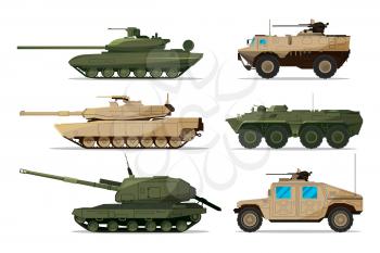 Military vehicle. Different artillery machines support. Heavy army transport isolated on white. Illustrations in flat style military weapon machine, vehicle tank and artillery