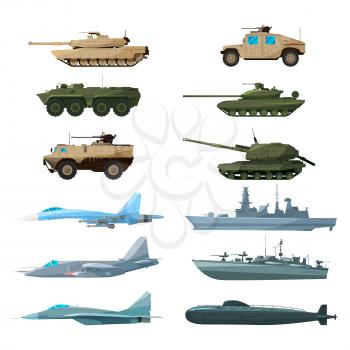 Naval vehicles, airplanes and different warships. Illustrations of artillery, battle tanks and submarine. Military battleship and car armed, plane and ship illustration
