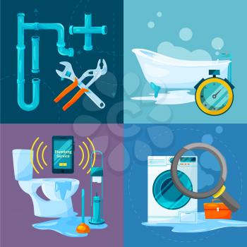 Conceptual pictures set of plumbing works. Bathroom and kitchen pipes and other specific acessories. Bathroom and plumbing service, plumbing tools and fix illustration
