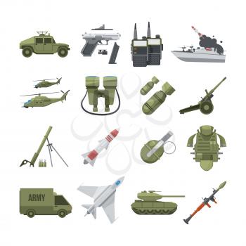 Icon set of different army weapons. Military and police equipment. Vector pictures in flat style. Gun weapon and army machine, handgun and helicopter illustration