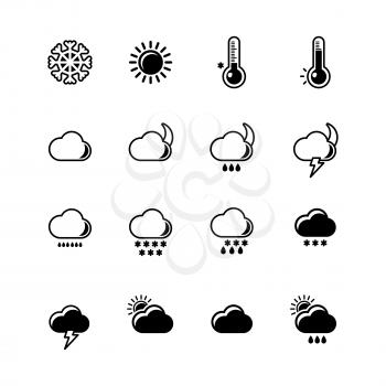 Monochrome silhouettes of weather icons set. Cloudy, sunny and rainy days. Climate visualization. Forecast icons rainy and sun, cloud and snowflake, vector illustration