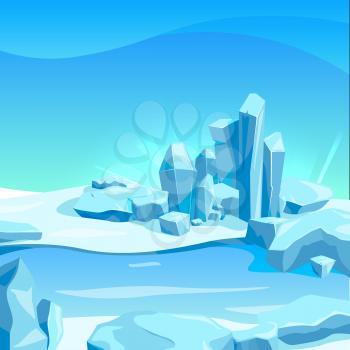 Frozen landscape with ice rocks. Cartoon background vector illustration. Frozen nature rock, cartoon winter ice landscape
