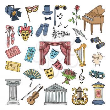 Colored symbols of theatre. Ballet and opera vector icons set isolate. Opera mask, music and performance comedy and drama illustration
