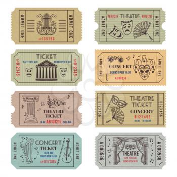 Vintage theatre or cinema tickets with different monochrome symbols of ballet or opera. Vector concert tickets and carnival illustrations set isolate on white