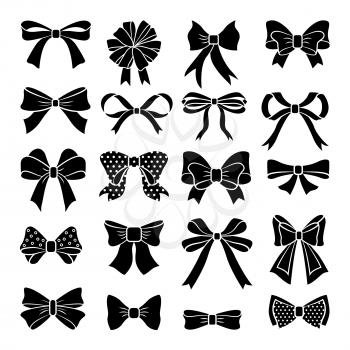 Monochrome vector bows and ribbons set. Holiday illustrations isolate. Collection of bow elements black for decoration