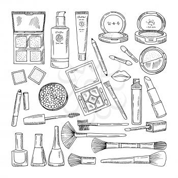 Doodle illustrations of woman cosmetics. Makeup tools for beautiful women. Fashion makeup cosmetic doodle style vector