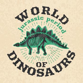 Vintage poster of fossil bones of dinosaur. Big skeleton world of dinosaurus in jurassic period poster, vector illustration