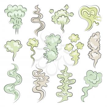 Different aroma clouds of vapor. Cartoon smells and stench. Smoke and stream aroma, green cloud effect evaporation. Vector illustration