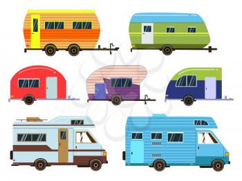 Campers cars set. Different resort trailers. Vector pictures in flat style. Travel trailer caravan, illustration of car home truck