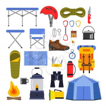 Equipment for hiking and climbing. Camping or travel vector illustrations set. Equipment for travel and adventure outdoor, tent and backpack, flashlight and binoculars