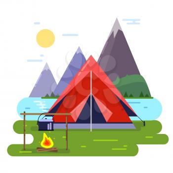 Summer camping vector background illustrations. Forest, tent and fire. Tent camp outdoor, tourism and adventure travel