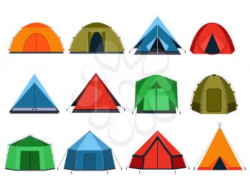 Different tourists tents for camping. Vector pictures in flat style. Tent for travel and journey, shelter tent for adventure illustration