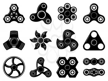 Monochrome illustrations of spinner toys at different shapes. Vector pictures isolate on white. Game toy rotating element with hole