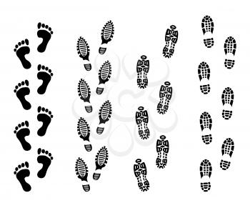 Footsteps isolate on white background. Footprint symbols vector illustrations set. Imprint foot black, and print bare foot