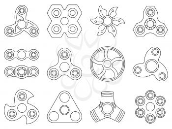 Vector mono line pictures of hand spinner toys for anti stress games. Linear fidget spinner for rotating, illustration of mechanical fidget