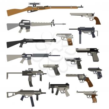 Different automatic weapons. Vector of guns and pistols. Military rifle and revolver, machine gun illustration