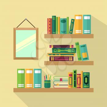 Wood bookshelf in library with different books. Vector illustration. Book literature on wood bookshelf