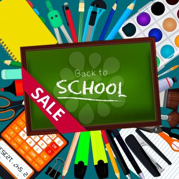 Back to school. Background illustrations with different office stationery tools and equipment for artists. Poster layout place for your text. Stationery equipment for education, back school banner