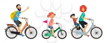 Family on bicycles walk. Male and female riding on bike. Family sport lifestyle woman and man with children. Vector illustration