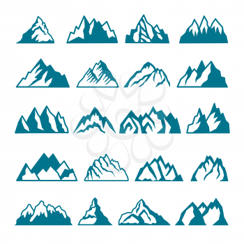 Monochrome pictures set of different mountains. Vector collections for labels design. Mountain rock silhouette, volcano and hill stone illustration