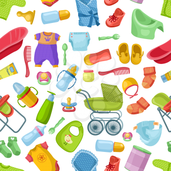 Vector seamless pattern with different elements for newborns. Milk bottle and accessories for baby illustration