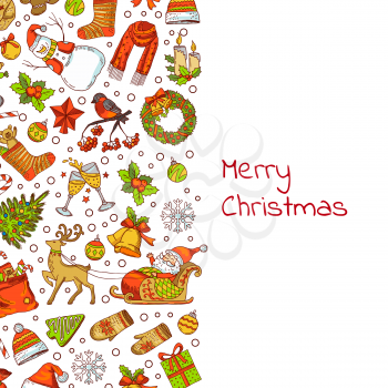 Vector hand drawn colored christmas elements with santa, xmas tree, gifts and bells background with place for text illustration