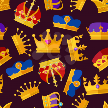Luxury crowns set. Vector seamless pattern isolate on dark background. Crown of queen and king, luxury seamless pattern illustration