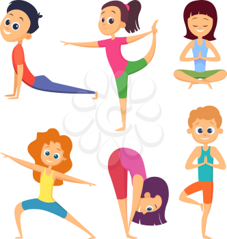 Yoga for kids. Happy childrens make different exercises. Cartoon characters set. Yoga exercise for kids, asana and meditation pose illustration
