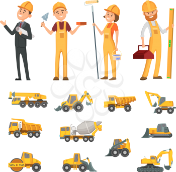 Male and female characters of builders and different illustrations of construction equipment, machines. Vector worker builder man and woman