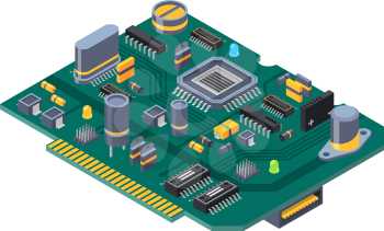 Hardware equipment for computers. Semiconductors, capacitor and chips. Electrical computer semiconductor, component of circuit. Vector illustration