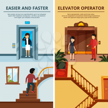 Banners set of different modern stairs and elevators. Hall of motel with wood lift. Elevator lift door, stair and staircase, vector illustration