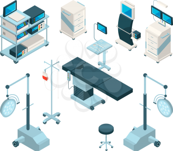 Isometric illustrations of medical equipment in operating room. Hospital pictures set. Medicine equipment for clinic and operating vector