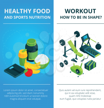 Banners set with illustrations of gym equipment and healthy food. Design template with place for your text. Fitness gym and healthy food, equipment for training vector