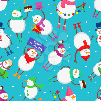 Christmas seamless pattern with funny characters of snowman. Funny cartoon christmas snowman. Vector illustration
