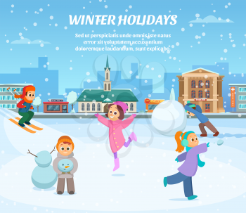 Winter games. Children in clothes playing in park. Outdoor landscape background. Winter snowy holiday with kids girl and boy. Vector illustration