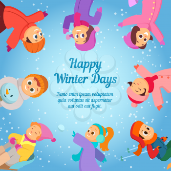 Winter background with happy school kids. Poster template with place for your text. School winter holiday, happy cartoon kids, vector illustration