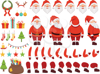 Mascot creation kit of christmas character. Santa in different keyframes. Santa claus with beard in xmas costume. Vector illustration