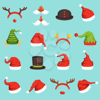 Hats of different christmas characters. Cap of santa, elf and snowman. Vector illustrations in cartoon style. Santa claus hat and christmas cap elf and deer