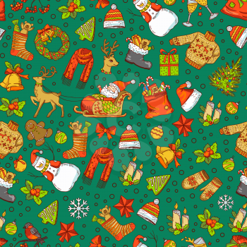 Vector hand drawn colored christmas elements with santa, xmas tree, gifts and bells pattern background illustration
