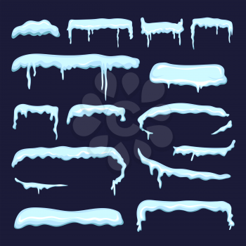 Winter decoration from snow caps and frozen icicles. Vector snowcap winter design to xmas style illustration