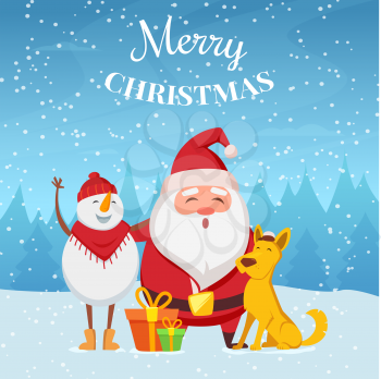 Christmas background with funny characters. Santa, snowman and yellow dog. Christmas cartoon winter characters. Vector illustration