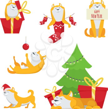 Character design in cartoon style. Yellow dog in action poses. Symbol of 2018 year. Cartoon character animal dog to holiday new year illustration