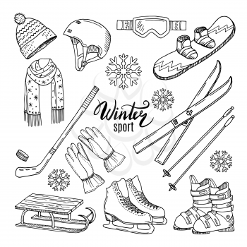 Illustrations of winter sport. Scarf, gloves, ski and others. Winter sport ski and snowboard, helmet and skates vector