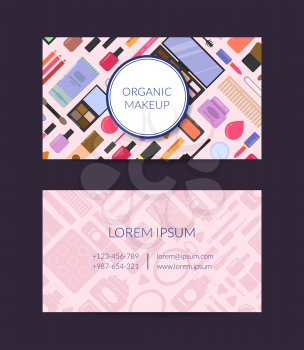 Vector business card template for beauty brand or makeup artist with flat style makeup and skincare coloured and monochrome backgrounds with circle and shadows illustration