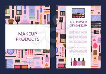 Vector card, flyer, brochure template for beauty brand,presentation with flat style makeup and skincare background, and wide ribbons with shadows illustration