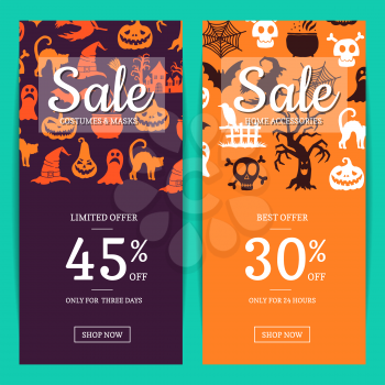 Vector halloween sale banner templates with place for text and with witches, pumpkins, ghosts, spiders silhouettes illustration